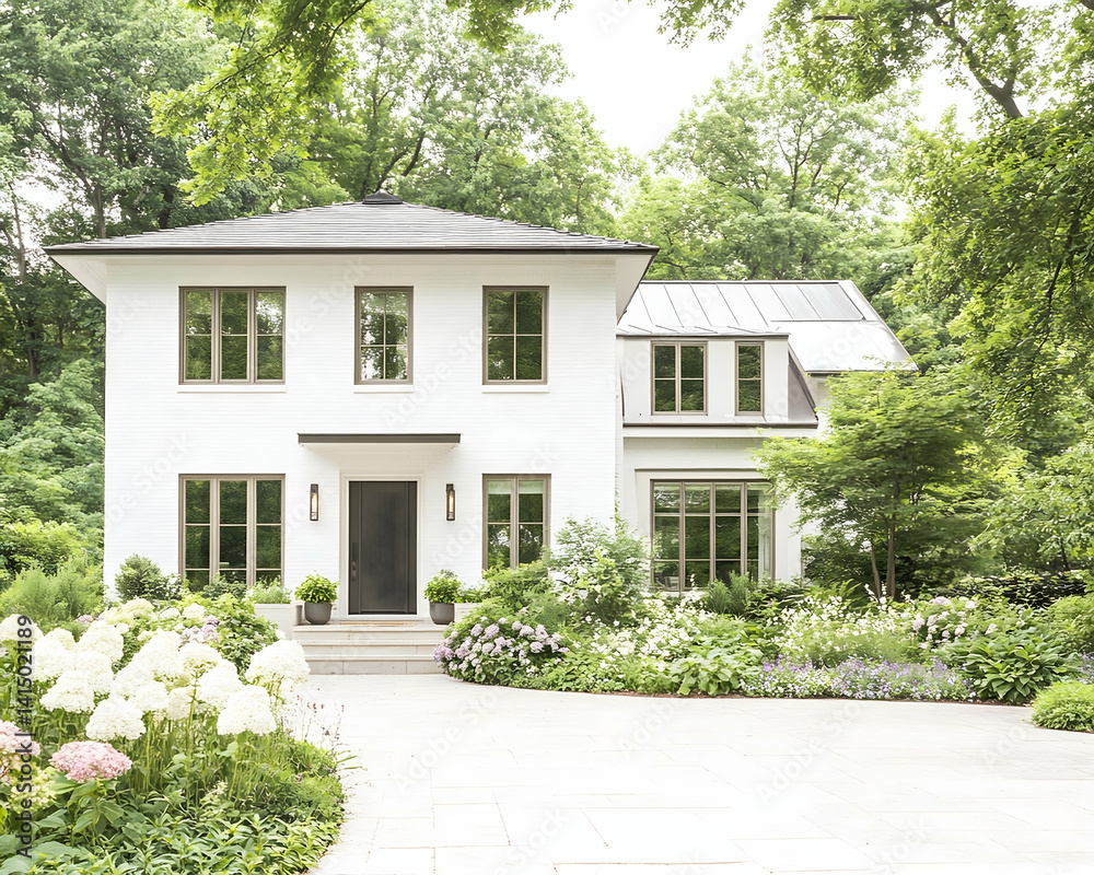 White two-story house with dark trim, lush landscaping, and a paved driveway . Generative AI