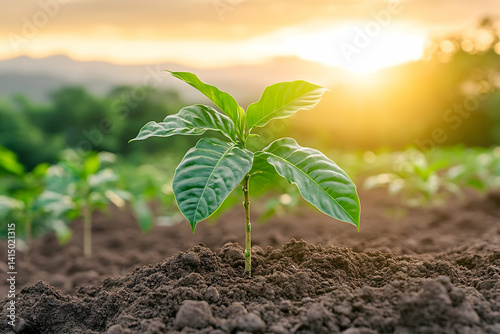 Obraz na płótnie Young coffee plant seedling growing in rich soil at sunset . Generative AI w salonie
