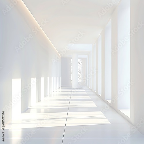 Perspective view down a long  bright white minimalist corridor with sunlight casting strong shadows from columns or windows onto the clean floor and walls. 