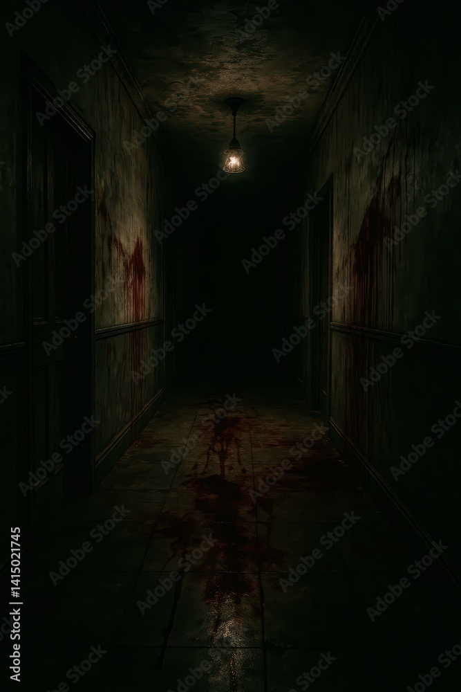 Dark and Creepy Hallway with Blood Stains and Dim Lighting Dark and Creepy Hallway with Blood Stains and Dim Lighting