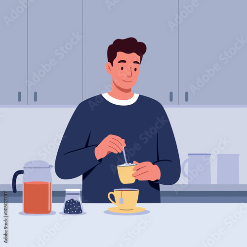 Young man with dark hair preparing coffee in modern kitchen flat design vector art