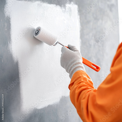 hand using a paint roller to paint the wall interior with white colour