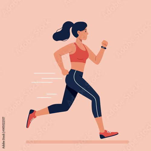 Young woman running exercise in athletic wear with ponytail in dynamic motion flat design vector illustration