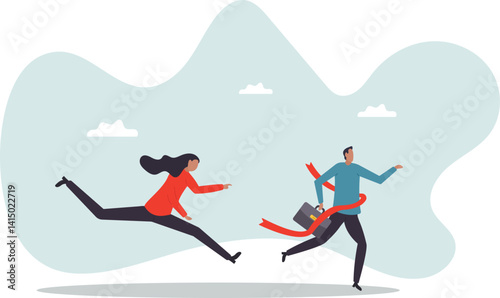 Businessman winning race celebrate victory at finish line, business success or achievement, skill or effort to succeed in work,character for design.