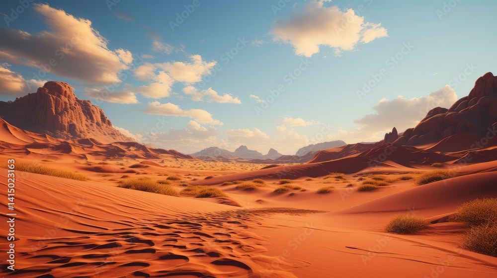 Naklejka premium Serene Sunset over the Vast Red Sands of a Desert Landscape