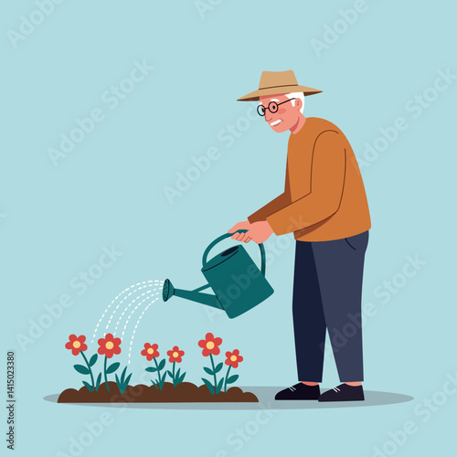 Elderly man watering red flowers in garden wearing casual clothes and hat flat design vector illustration