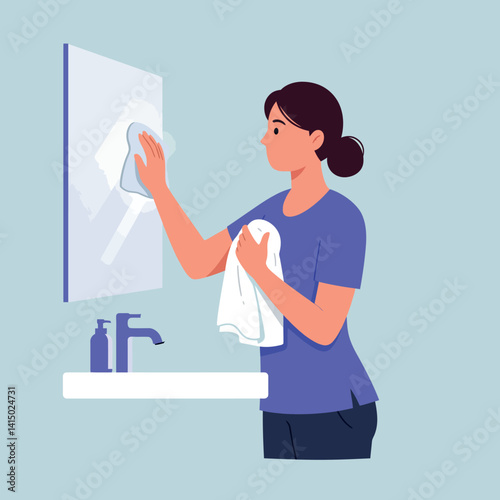 Woman cleaning mirror in bathroom with cloth wearing purple shirt minimal flat vector illustration