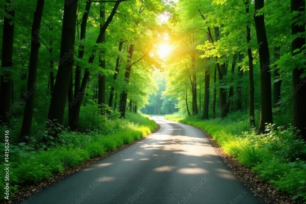 Obraz premium Sunlit Path Through a Verdant Forest Canopy, Winding Road Beckoning the Adventurous Soul