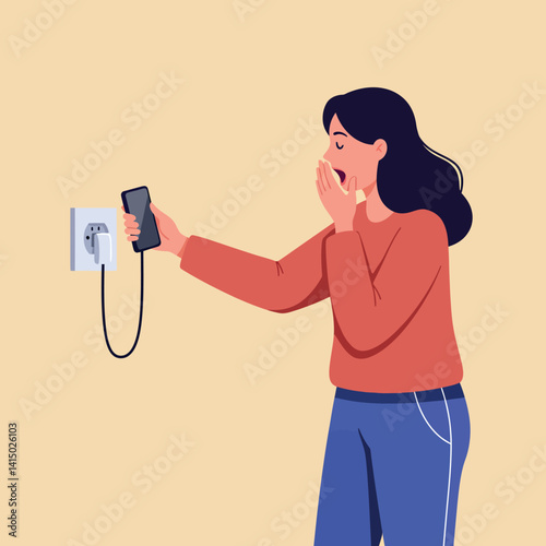 Young woman with long dark hair wearing casual clothes charging smartphone while yawning in minimal flat style vector illustration