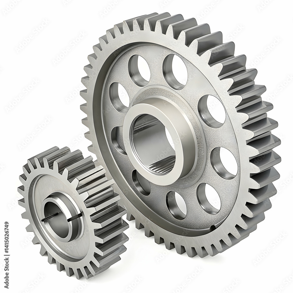 Futuristic 3d illustration of two interlocking gear wheels on a clean white background symbolizing precision, motion Futuristic 3d illustration of two interlocking gear wheels on a clean white background symbolizing precision, motion