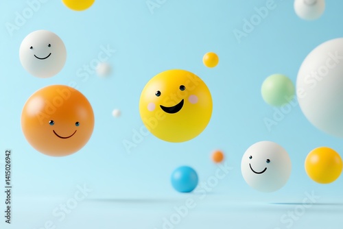 Radiance and diversity, floating orbs around smiling faces, 3D illustration