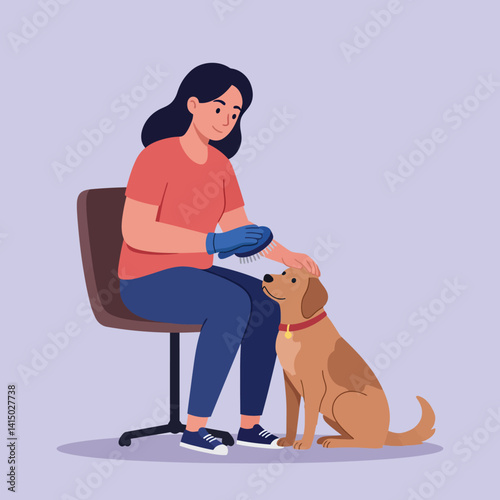 Young woman grooming friendly brown dog sitting beside chair in simple flat style vector illustration