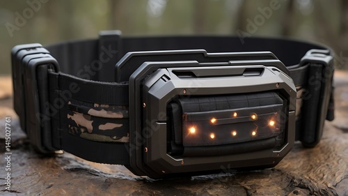 A futuristic tactical belt with magnetized compartments, digital display interfaces, and a built-in GPS system