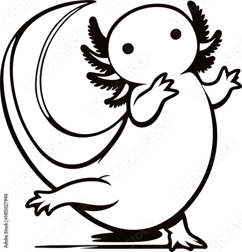 Adorable Axolotl Amphibian Character - Monochrome Vector Style
