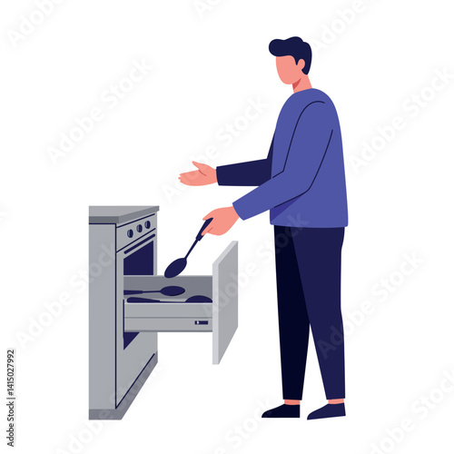 Man cooking with spatula by open oven in flat style minimal kitchen scene vector illustration