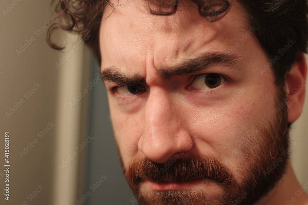 Obraz premium A close-up portrait shows a man with a furrowed brow, displaying an intense and angry expression.
