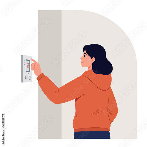 Woman adjusting temperature on modern thermostat device in casual clothing flat style vector illustration