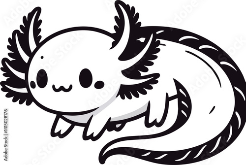 Cute Cartoon Axolotl with Smiling Face - Black and White Illustration
