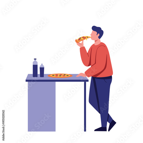 Young man eating slice of pizza standing by table with soda bottles flat minimal vector illustration