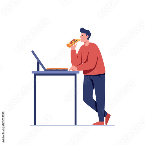 Young man eating pizza while standing at a high table with an open laptop in flat style vector illustration