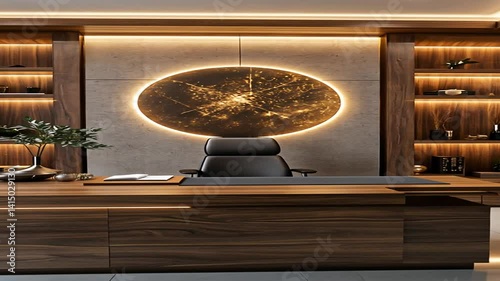 Wallpaper Mural Luxurious office. Wooden desk, shelves, art, and illuminated wall feature. Modern, elegant design Torontodigital.ca