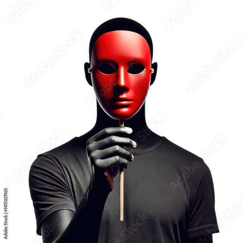 A figure holds a striking red mask in front of their face, featuring smooth features and dark attire, conveying a sense of mystery and intrigue.