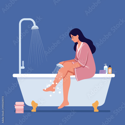 Woman in pink robe sitting on white clawfoot bathtub applying shaving cream in flat design vector illustration