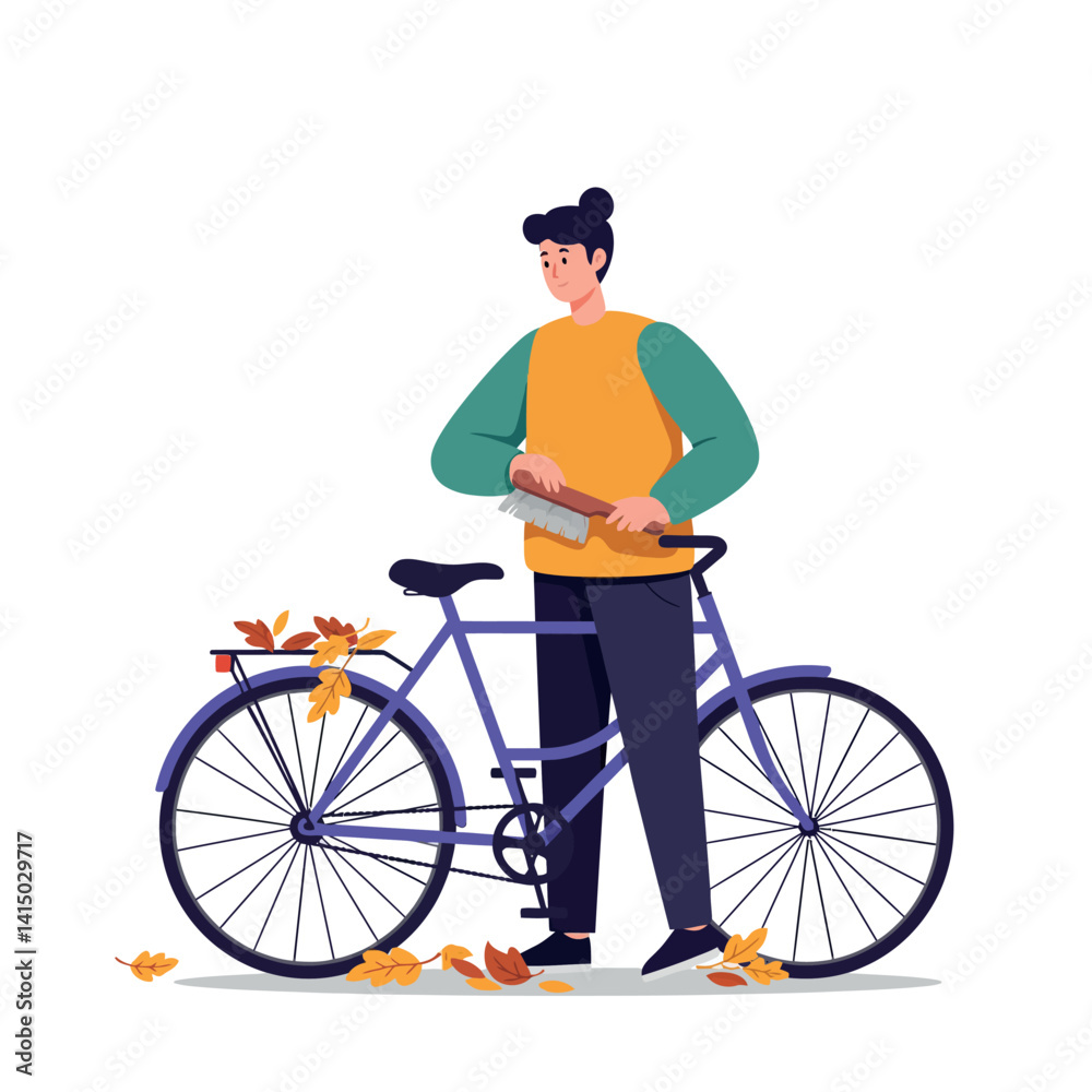 Obraz premium Young woman cleaning autumn leaves off purple bicycle in casual clothes flat style vector illustration