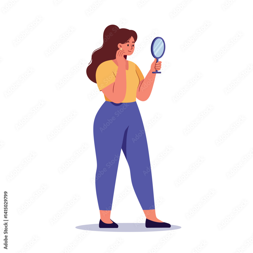Young woman examining skin on face with handheld mirror in flat minimal style vector illustration Young woman examining skin on face with handheld mirror in flat minimal style vector illustration
