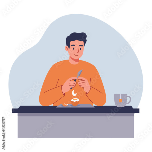 Young man peeling garlic cloves at table with cup of tea flat minimal vector illustration