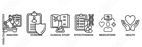 Clinical research icon set vector illustration concept with icon of analysis, evidence, clinical study, effectiveness, medications and health