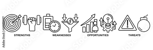 SWOT icon set vector illustration concept for strengths, weaknesses, threats and opportunities analysis with an icon of value, goal, break chain, low battery, growth, check, and crisis