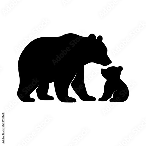 Bear with Baby Silhouette Vector Mother Bear Hugging Cub Illustration.