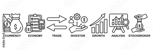 Forex icon set vector illustration concept with icon of currency, economy, trade, investor, growth, analysis and stockbroker