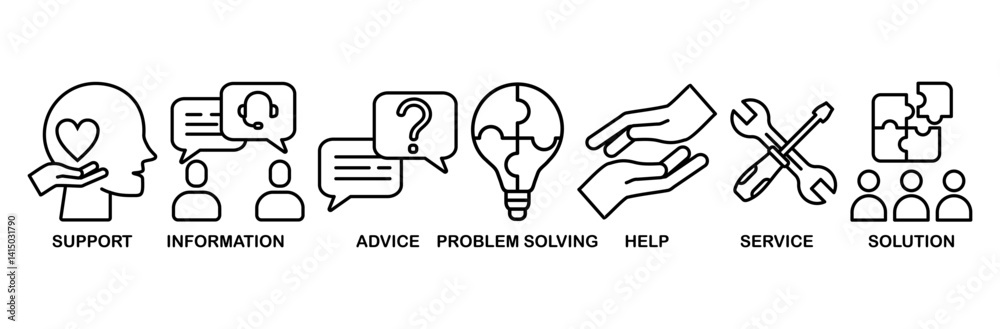 Help desk icon set vector illustration concept with icon of support, information, advice, problem solving, help, service and solutions Help desk icon set vector illustration concept with icon of support, information, advice, problem solving, help, service and solutions
