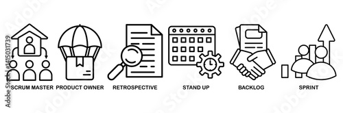Scrum icon set vector illustration concept with icon of scrum master, product owner, retrospective, stand up, backlog, and sprint