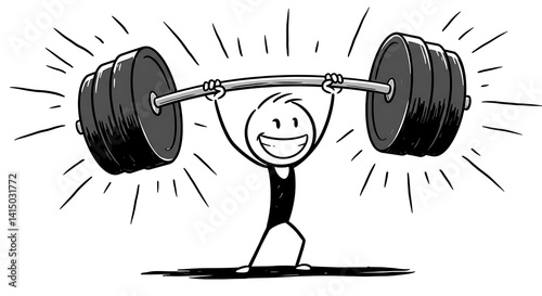 Cartoon stick figure joyfully lifting a heavy barbell overhead.