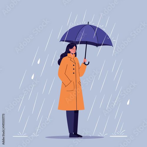 Woman in orange coat holding purple umbrella standing in rain with calm expression flat style vector illustration