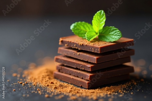 Wallpaper Mural Aromatic Dark Chocolate Squares Stacked with Fresh Mint and Cocoa Powder Torontodigital.ca