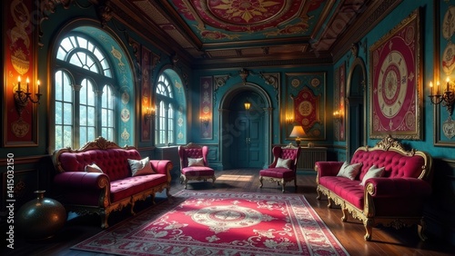 Opulent Teal and Crimson Room with Antique Furnishings and Intricate Wall Decor