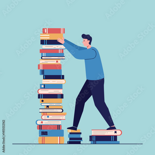 Young man stacking tall pile of colorful books in minimal flat design vector illustration