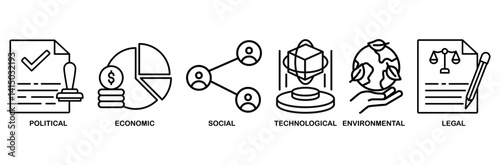 Pestel icon set vector illustration concept of political economic social technological environmental legal with icon of governance, finance, network, automation, ecology, law statement