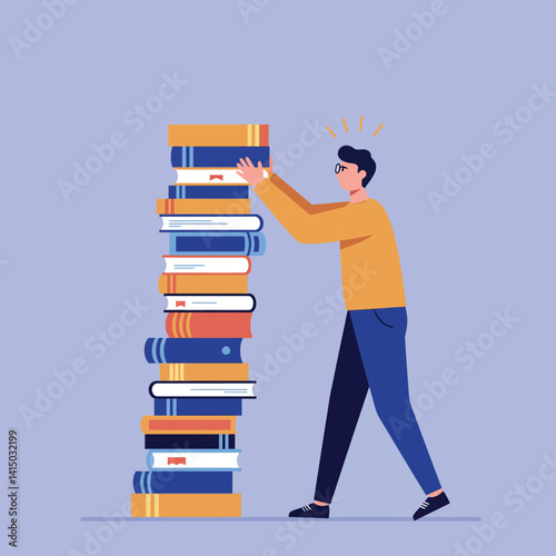 Young man struggling to hold large stack of colorful books in flat design style vector illustration