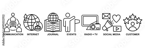 Public relations icon set vector illustration concept with icon of communication, internet, journal, events, radio, tv, social media, and customer�