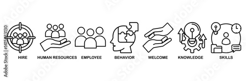Onboarding icon set vector illustration concept for human resources business industry to introduce newly hired employee into an organization with behavior, welcome, knowledge, and skills icon