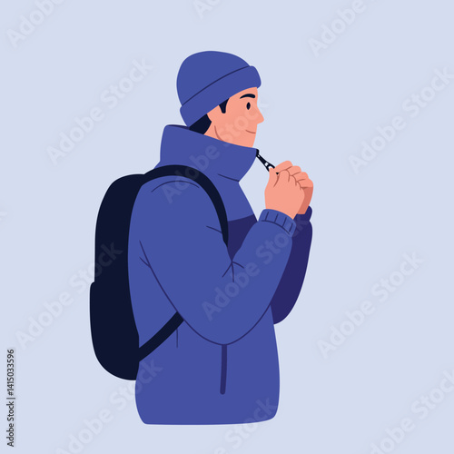 Young man in winter clothing wearing a beanie and puffer jacket holding a backpack strap in flat design vector illustration