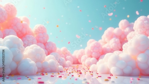 Whimsical pastel cloudscape with scattered confetti, a dreamy and ethereal scene of fluffy formations and vibrant sprinkles on a reflective surface