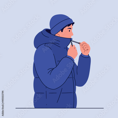 Young man in blue winter jacket and beanie zipping up coat flat style vector illustration