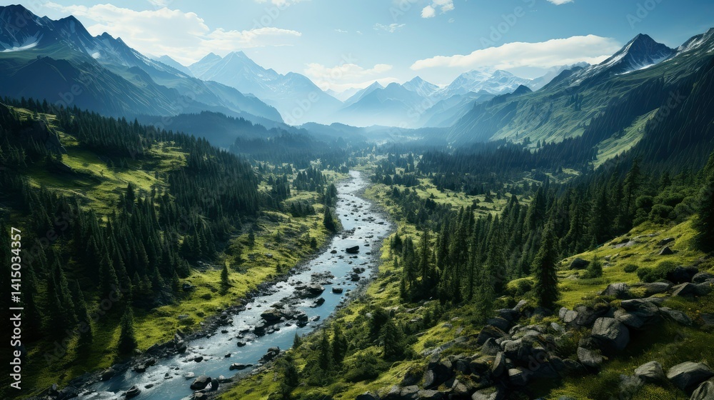 Fototapeta premium Serene Mountain Valley River Landscape Breathtaking Aerial View of Pristine Nature