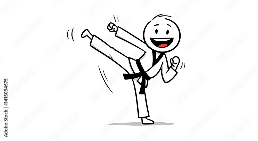 Obraz premium Smiling Stick Figure Karate Kick with Black Belt.